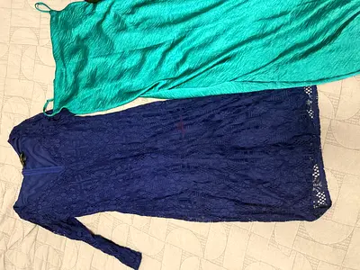 5 womens dresses - navy lace long sleeve dress and teal slip dress, size medium
