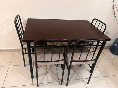 Simple 4-Seater Dining Table with Metal Chairs - Dark Wood Top