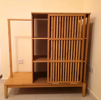 Wooden Storage Shelf with Sliding Slatted Door - Small Wardrobe/Display Unit