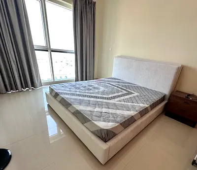 Uptown light grey fabric double bed with mattress - excellent condition less than a year old.