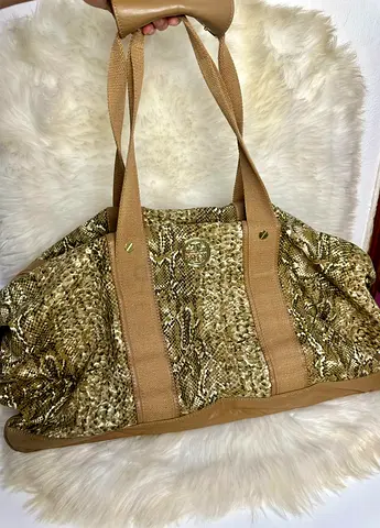 Authentic Tory Burch Large beige woven tote bag with snake-print detail