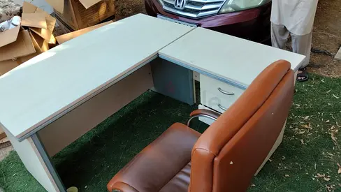 Used L-shaped Office Desk with Small Drawer Unit and Brown Leather Chair