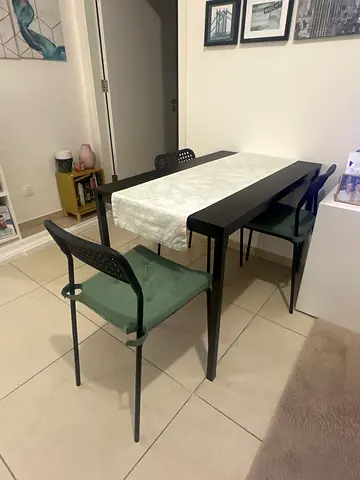 Simple black dining table with 3 chairs - good condition and 2 bar chairs