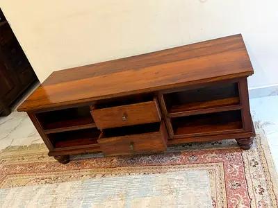 Solid Wood TV Stand with Drawers and Open Shelving