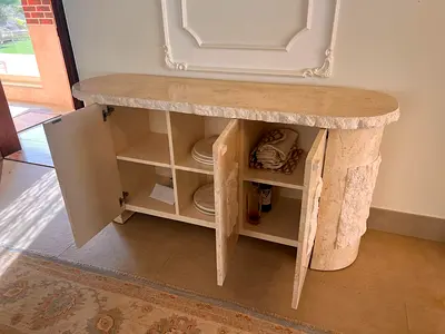 Vintage Italian Style Tessellated Travertine Sideboard Buffet Cabinet