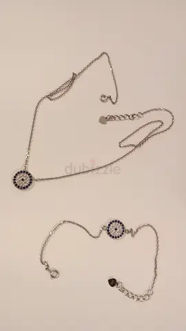 Jewelry set sterling silver necklace and bracelet with circular blue and white motif