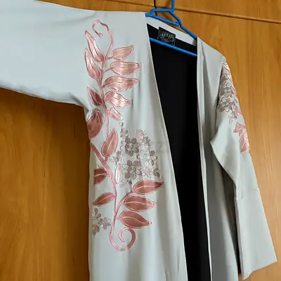 Light grey embroidered open abaya