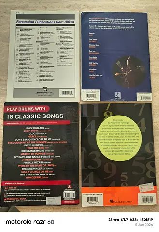 Set of 4 Drum/Percussion Songbooks (18 Classic Songs + Assorted Sheet Music)