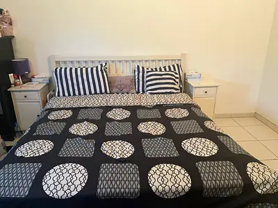 White Wooden king Bed with Nightstands - Good Condition with mattress