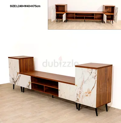Wooden TV Entertainment Unit with Marble-Effect Cabinets (L240cm)