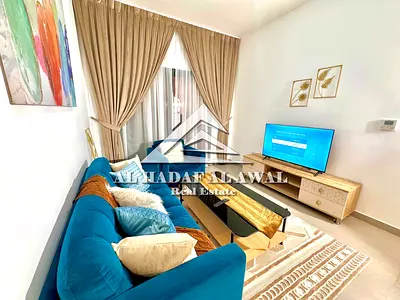 For monthly rent in the Al Mamsha area, a room and a hall with new furniture with a balcony