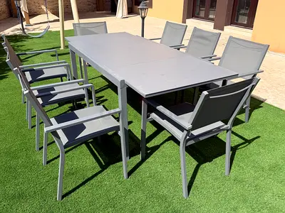 Extensible 8-Seater Outdoor Dining Table with 6 + 4 Chairs - Grey Aluminum Set