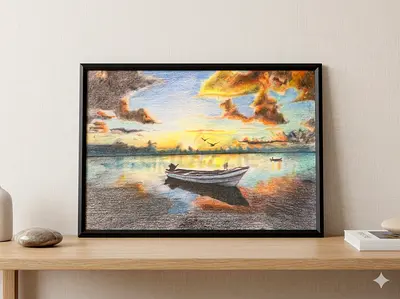 Framed Seascape Pastel Drawing of Boat at Sunrise