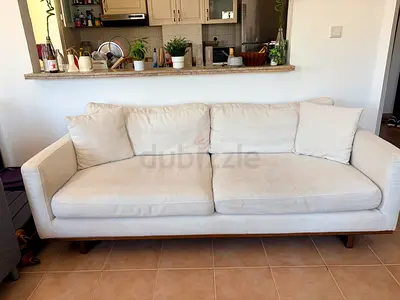 Beige 3-Seater Fabric Sofa with Wooden Legs - Good Condition