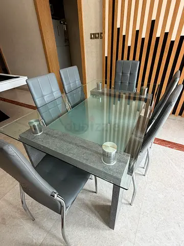 Glass Top Dining Table with 6 + 6 Grey Leather Chairs - Lucas