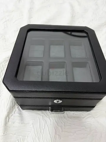 Black Leather 6-Slot Watch Storage Box with Glass Top
