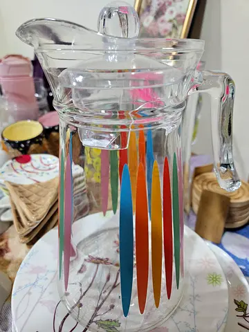 Clear Glass Jug/Pitcher with Colorful Stripe Design, used