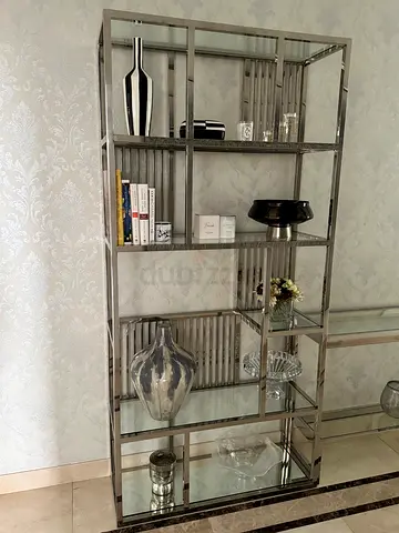2 Chrome metal and glass display shelving unit - tall open bookcase