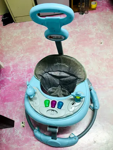 Light Blue Baby Walker with Toy Tray and Push Handle - Good Condition