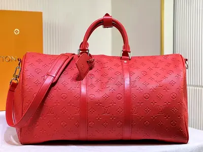 Red Louis Vuitton Keepall Embossed Leather Duffel Bag