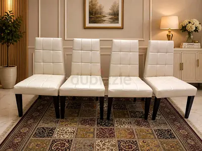 Set of 4 White Pure Leather Dining Chairs