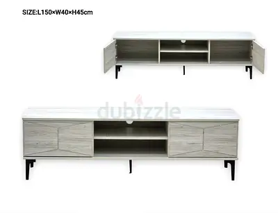 Light Grey Wooden TV Stand / Entertainment Unit - 150cm, 2 Doors + Open Shelves