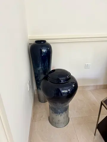 Pair of tall decorative ceramic vases - navy ombre finish