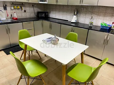 Ikea White Dining Table with 4 Green Chairs - Modern Kitchen Set