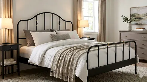 Black Metal Double/Queen Bed Frame with Curved Headboard
