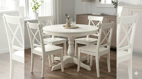 White Wooden extendable Round Dining Table with 4 Cross-back Chairs