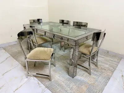 Marina Modern 6-Seater Industrial Metal Dining Set with Glass Top