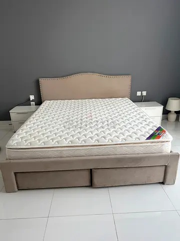King Size Bed Frame without Matress - Beige Upholstered Headboard and Storage