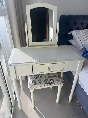 Dressing table with mirror and stool