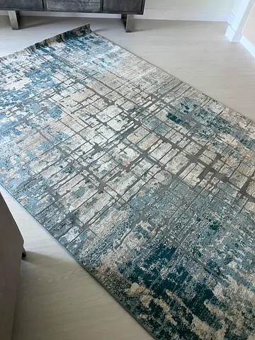 Turkish Wool Large Modern Abstract Area Rug - Soft Blue  Cream, Excellent Condition