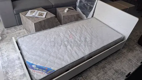 Single white wooden bed frame with mattress - new