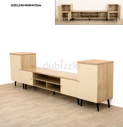 Long low TV entertainment unit with side cabinets - light wood  cream
