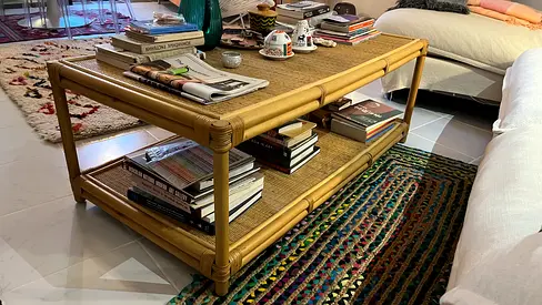 Rattan Bamboo Coffee Table with Lower Shelf - Great Condition