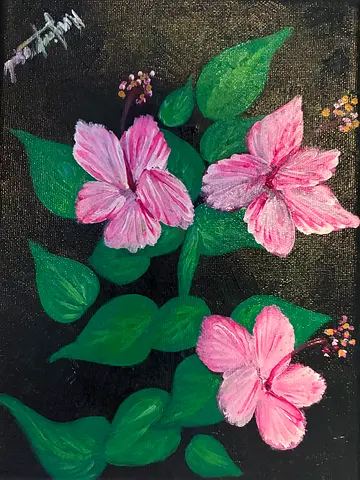 Small Acrylic Painting of Pink Flowers on Black Background