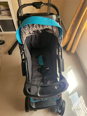 Blue and Grey Baby Stroller with Snack Tray
