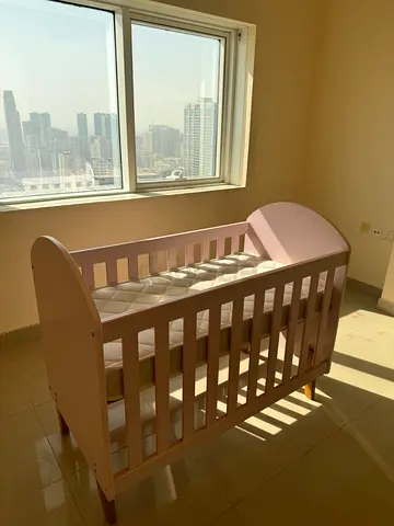 Pink Wooden Baby Crib with Mattress - Good Condition