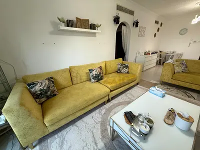 Modern mustard yellow sofa set with matching cushions very comfy. Has tiny burn