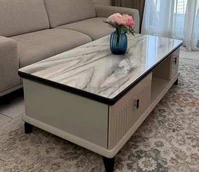Cream Storage Coffee Table with Marble-Effect Top