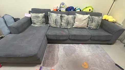 Large L-shaped grey fabric sofa with chaise lounge - good condition