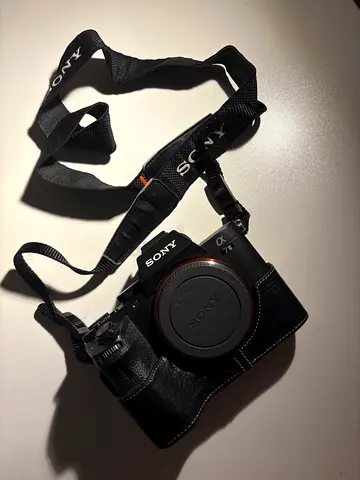 Sony A7II + remote + 3 batteries + battery charger + camera strap + leather camera case + cable