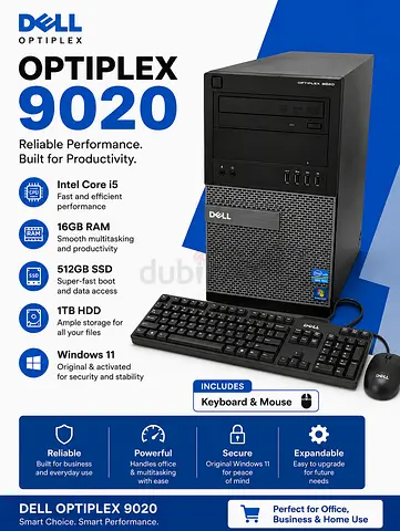 Dell OptiPlex 9020 Desktop - i5, 16GB RAM, 512GB SSD + 1TB HDD, Windows 11