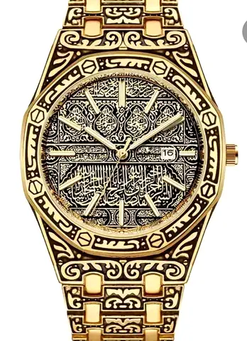 Gold-tone Engraved Arabic Script Mens Wristwatch - Decorative Bracelet Style