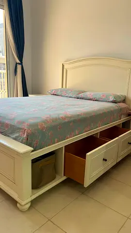 White Wooden Bed Frame with Under-Bed Drawers — Queen Size
