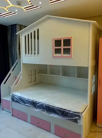 Kids Bunk Bed with Playhouse Design and Storage
