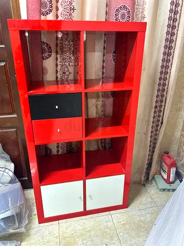 Red 8-Shelf Storage Cabinet with Drawers