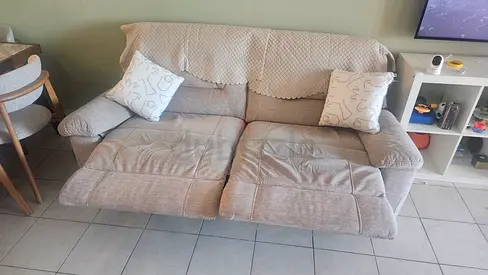 2-seater (3 can sit) beige fabric sofa recliner in good used condition